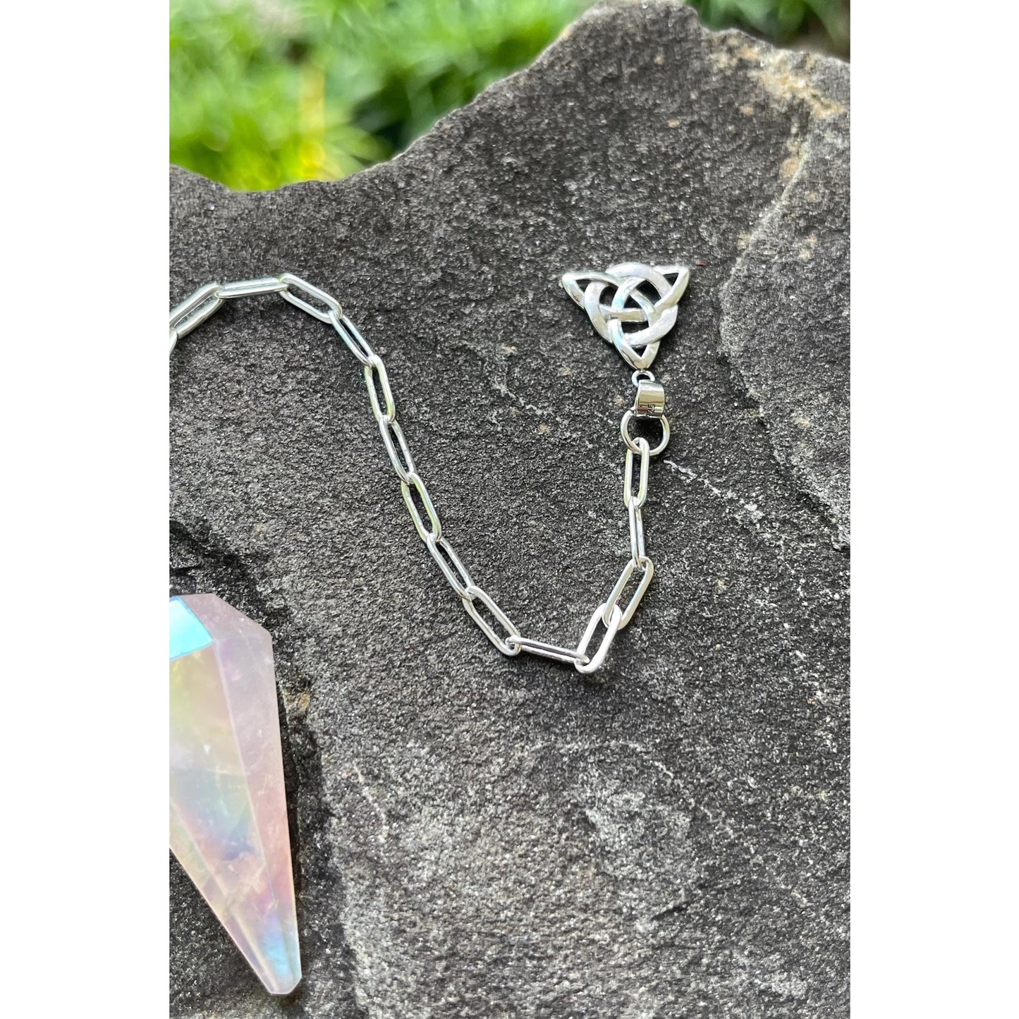 Angel Aura Rose Quartz Pendulum | Sterling Silver Triquetra Handle | Heavy Sterling Silver Chain | Crystal Pendulum | Handmade Gift