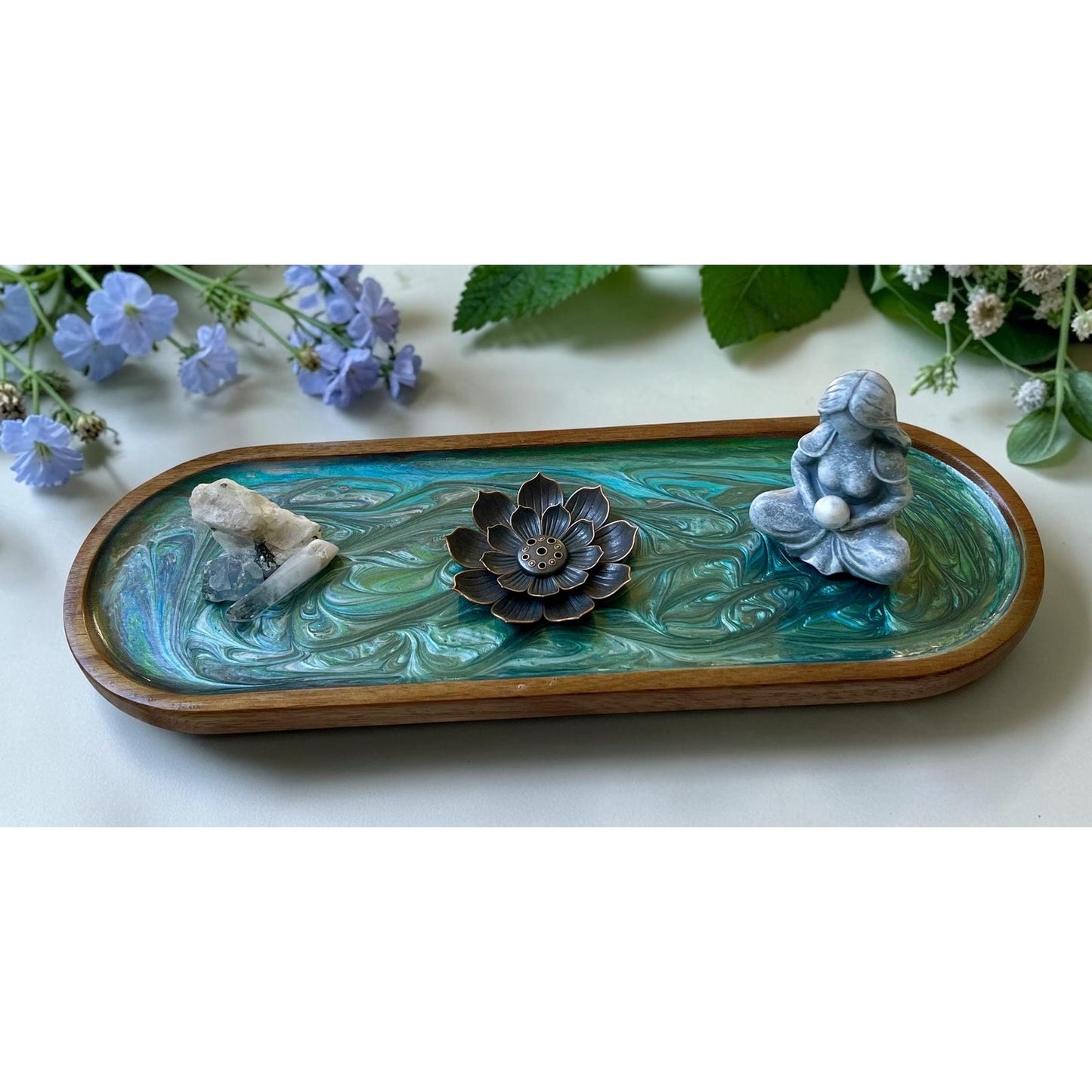 Hand Painted Goddess Ritual Tray with Lotus Incense Holder & Healing Crystals – Moonstone, Clear Quartz, Blue Celestite – Spiritual Decor