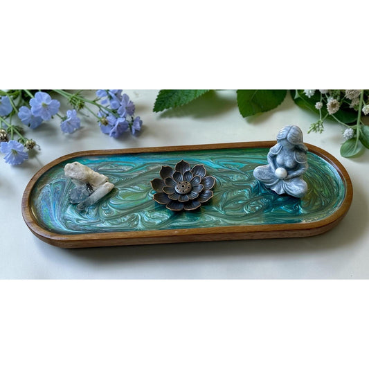 Hand Painted Goddess Ritual Tray with Lotus Incense Holder & Healing Crystals – Moonstone, Clear Quartz, Blue Celestite – Spiritual Decor