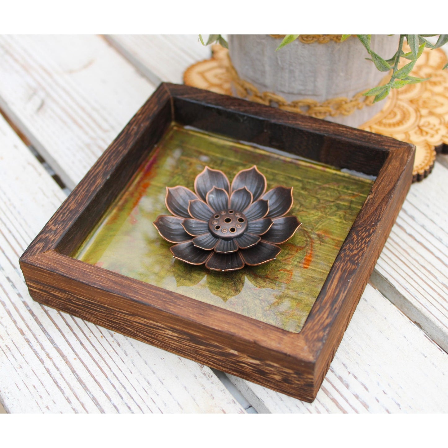 Hand Painted Lotus Incense Holder – Resin Sealed Acrylic Pour Art –