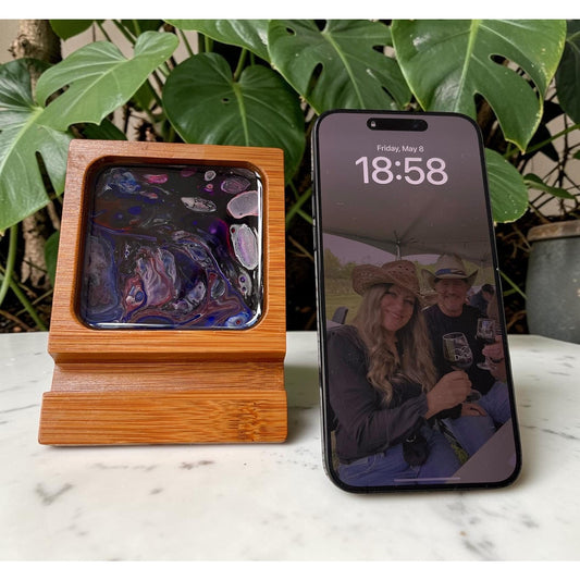 Phone Stand with Tray – Handmade Wood Phone Holder – Resin Art Phone Dock – Desk Phone Organizer – Cell Phone Accessory