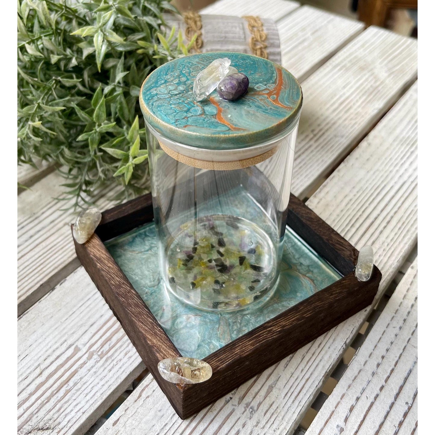 Manifestation Prayer Jar Set with Citrine, Amethyst & Clear Quartz – Hand Painted Tray – Crystal Intention Jar Spiritual Gift Energy Ritual