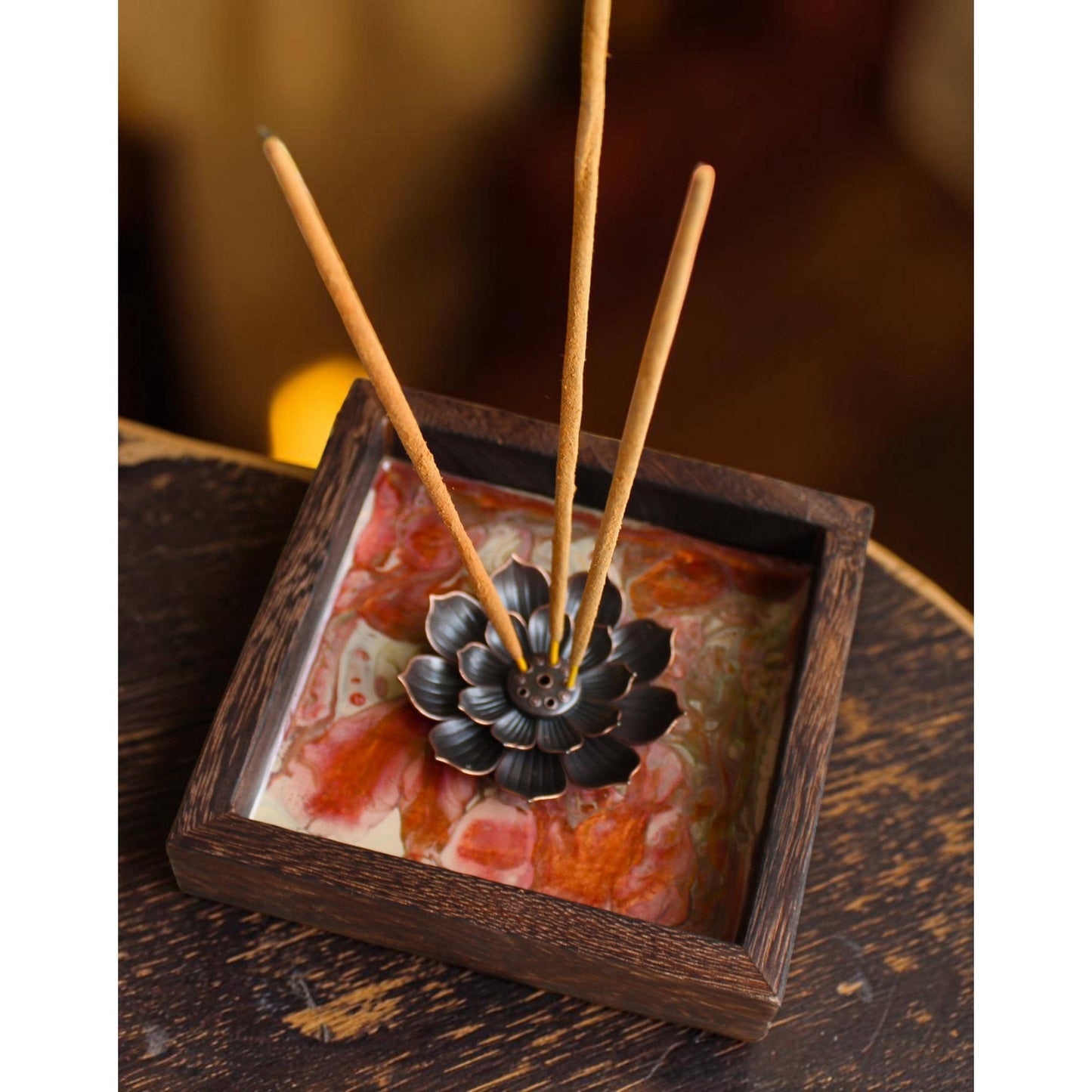 Lotus Incense Holder • Hand Painted Resin Art Tray • Wooden Incense Burner • Spiritual Altar Decor • Meditation Gift • OOAK Boho Decor