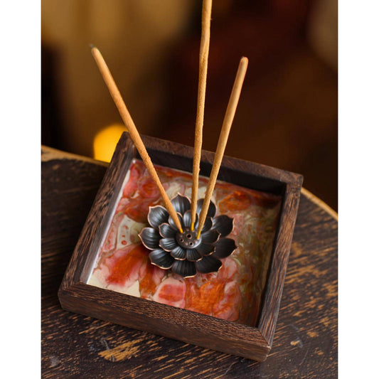 Lotus Incense Holder • Hand Painted Resin Art Tray • Wooden Incense Burner • Spiritual Altar Decor • Meditation Gift • OOAK Boho Decor
