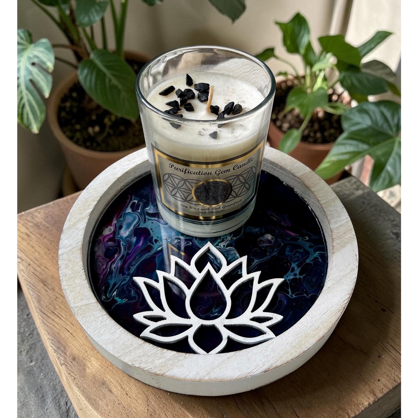 Hand Painted Resin Lotus Tray with Pink Grapefruit Candle – Shungite Crystal Candle – Spiritual Decor – 8” Round Meditation Tray