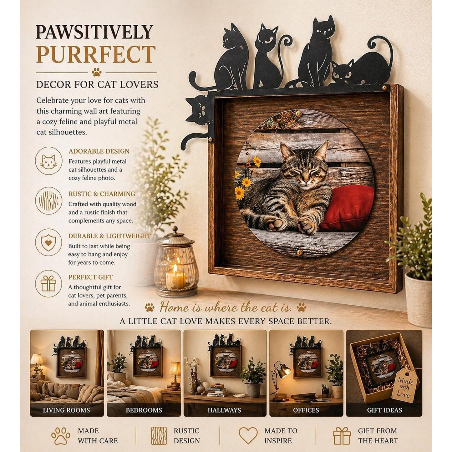 Cat Wall Art 10.5” | Cat Lover Decor | Rustic Wood Framed Cat Art