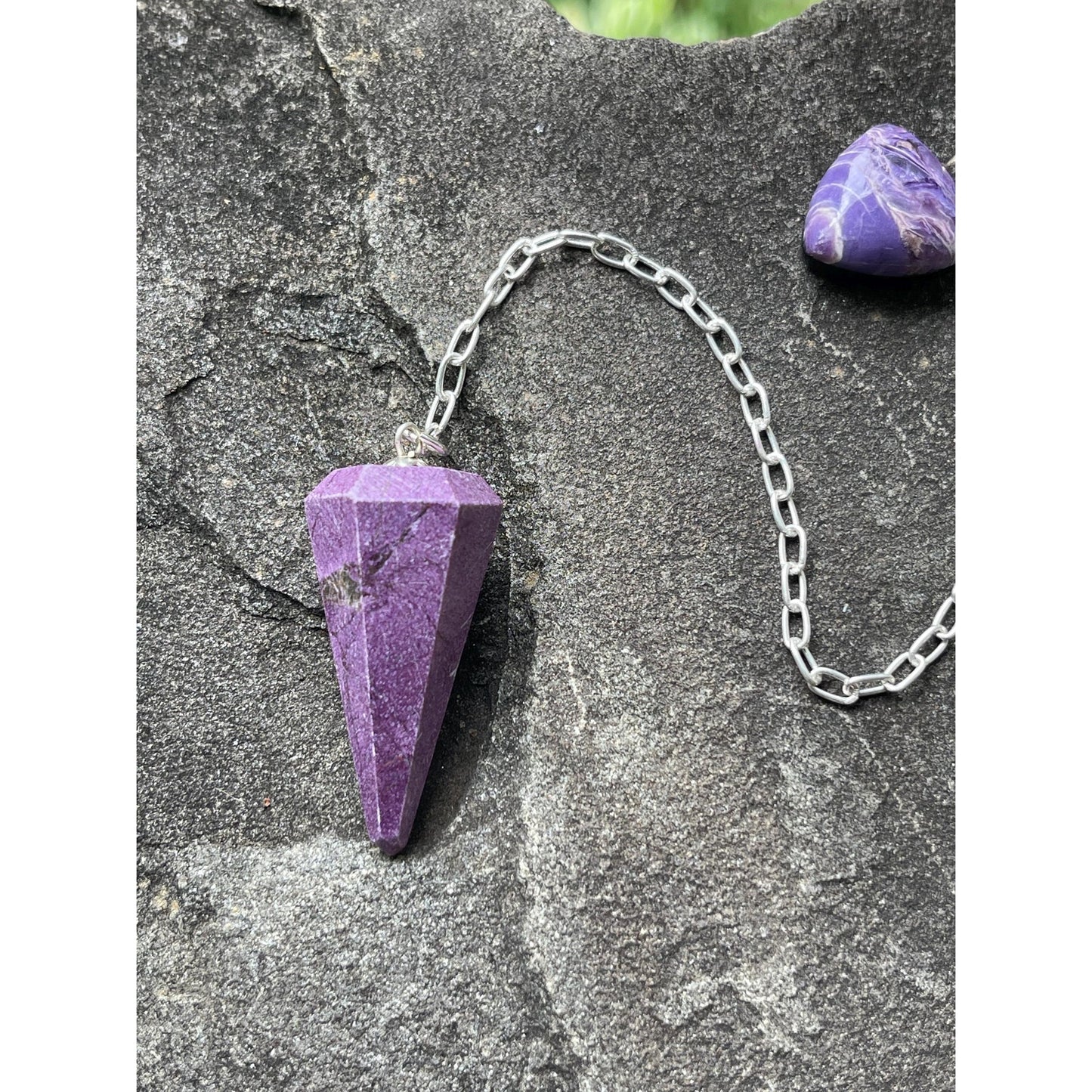Luxury Stichtite Pendulum with Rare Russian Charoite Handle | Heavy Precious Metal Sterling Silver Chain | Handmade One-of-a-Kind