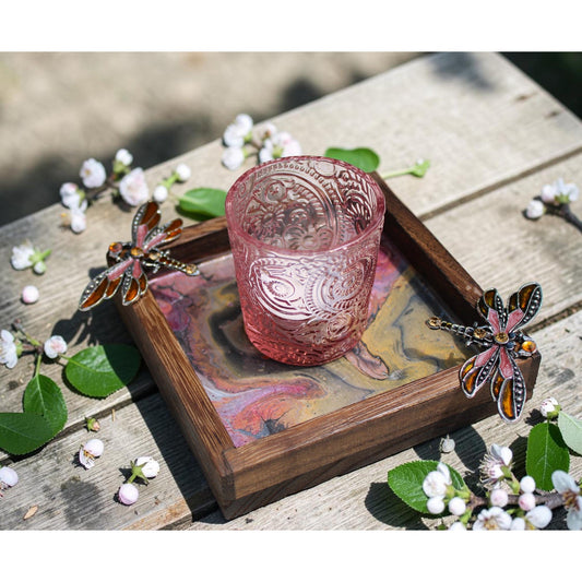 Hand Painted Dragonfly Wood Candle Holder: Acrylic Pour