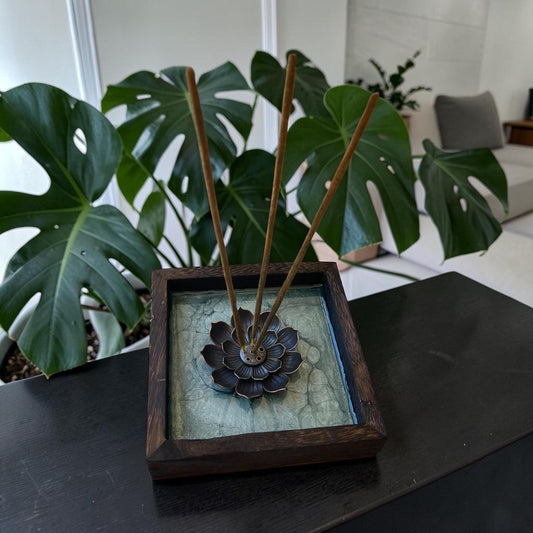 Hand Painted Lotus Incense Holder – Resin Sealed Acrylic Pour Art –