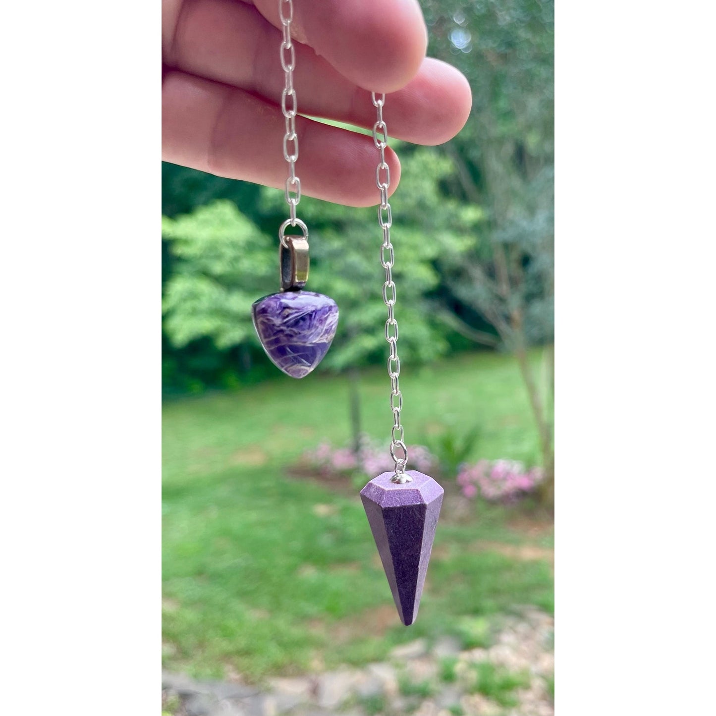 Luxury Stichtite Pendulum with Rare Russian Charoite Handle | Heavy Precious Metal Sterling Silver Chain | Handmade One-of-a-Kind
