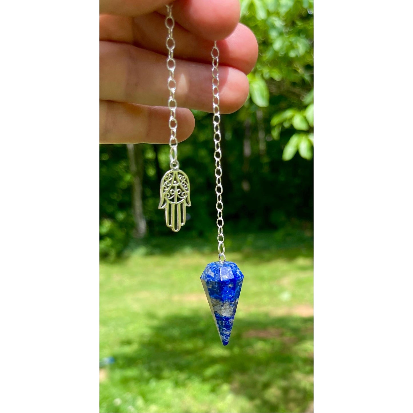Lapis Lazuli Pendulum with Sterling Silver Hamsa Hand
