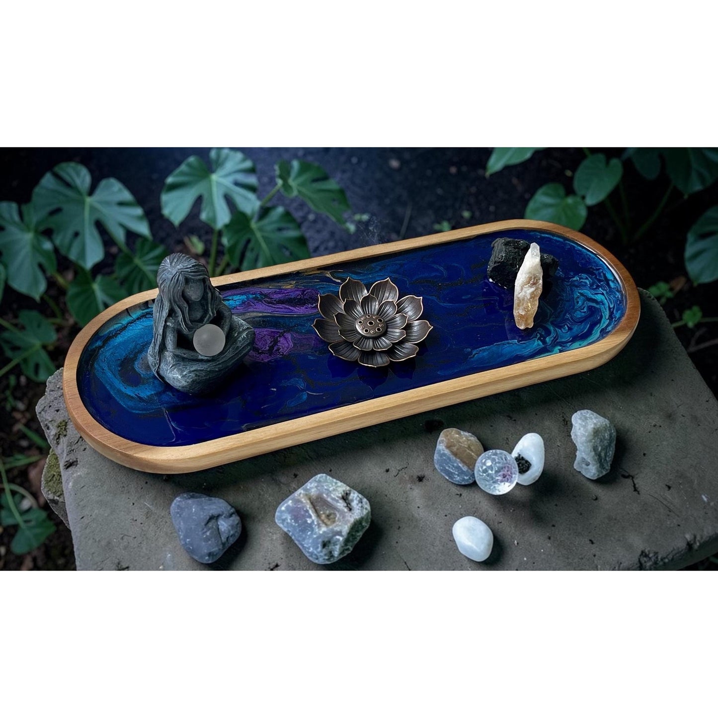 Midnight Tide Goddess Incense Tray, Resin Art Meditation Altar Decor, Lotus Incense Burner with Citrine & Black Onyx Handmade Spiritual Gift