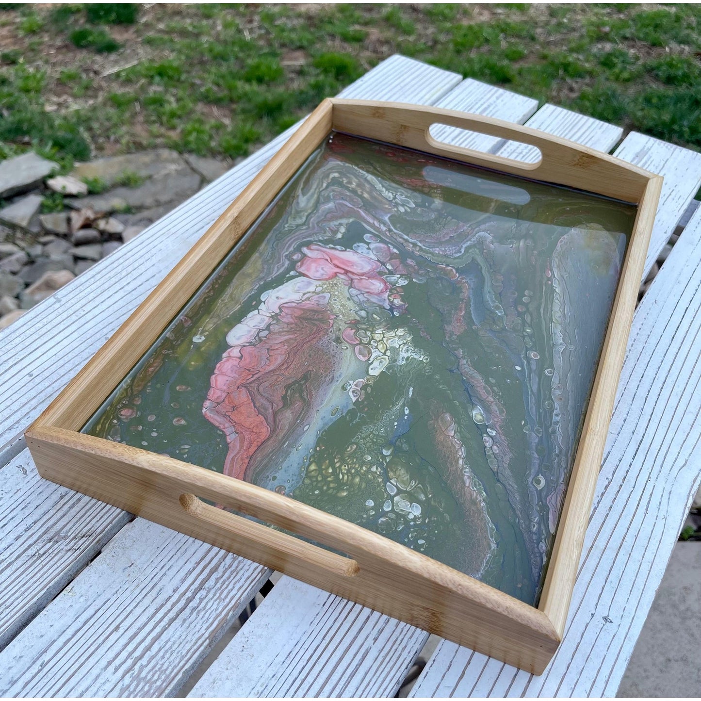 Earth Bloom Resin Tray • Green & Blush Acrylic Pour •