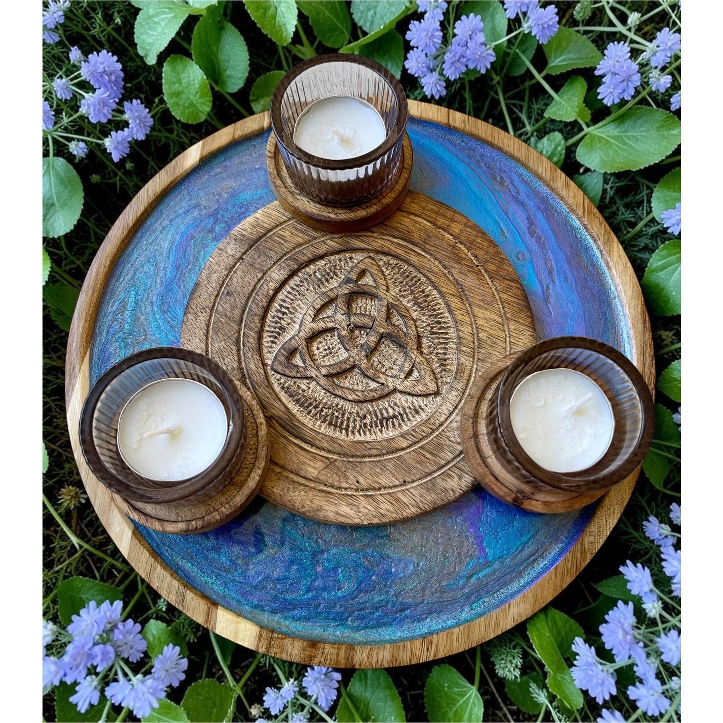 Hand Painted Triquetra Candle Holder Tray – Celtic Knot Decor with 3 Soy Candles – Mystical Altar Decor – Spiritual Home Accent