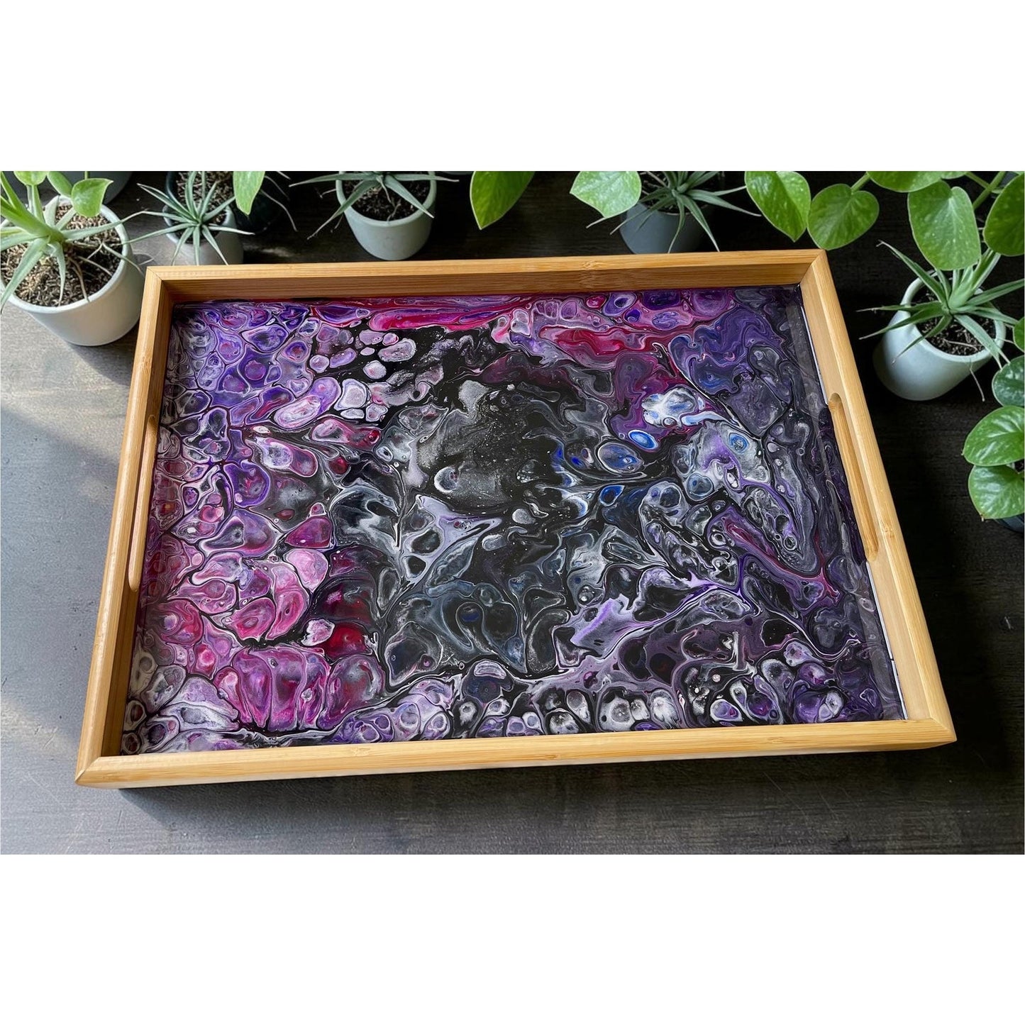 Crushed Merlot Serving Tray – 14x10 Resin Art Tray – Deep Wine & Plum Acrylic Pour – Handmade Wooden Tray – Functional Art Decor