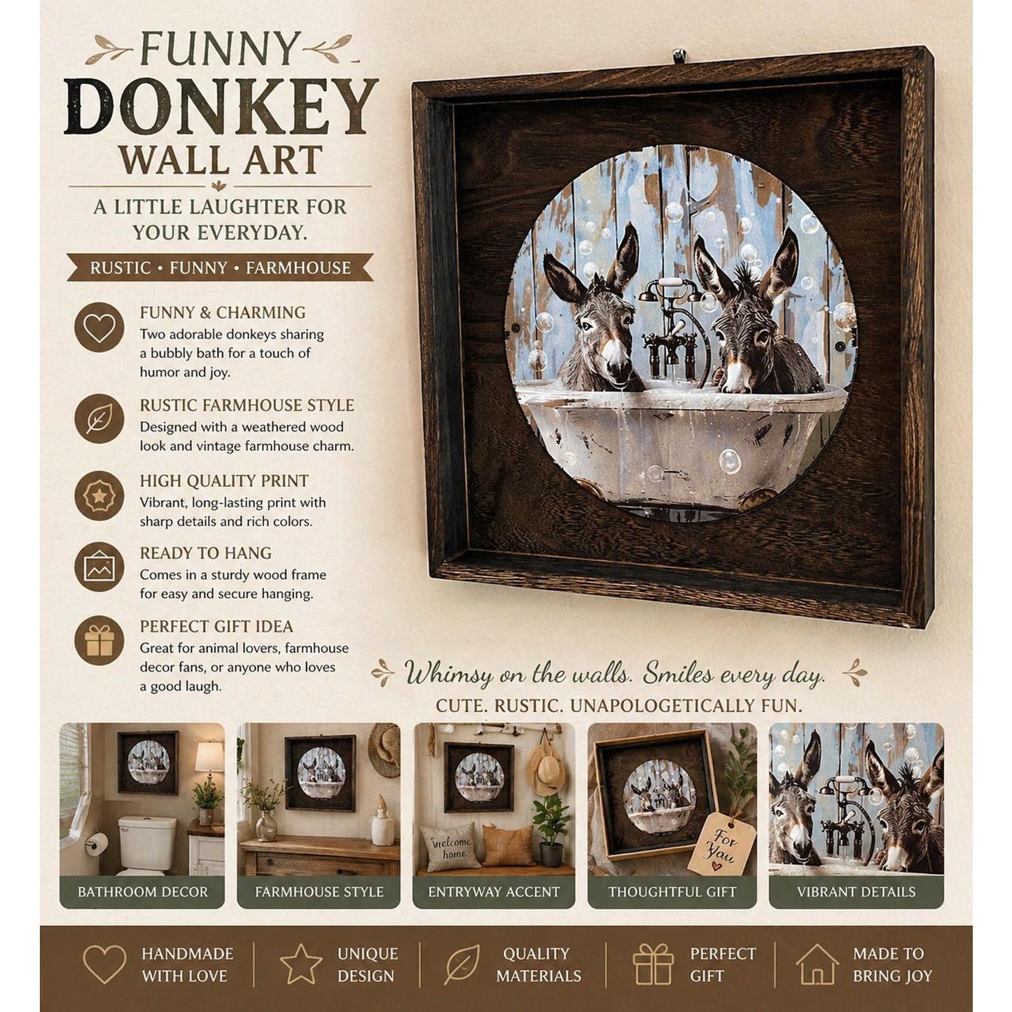 Farmhouse Bathroom Decor | Rustic Animal Wall Art | Donkey Art | Funny Farm Decor