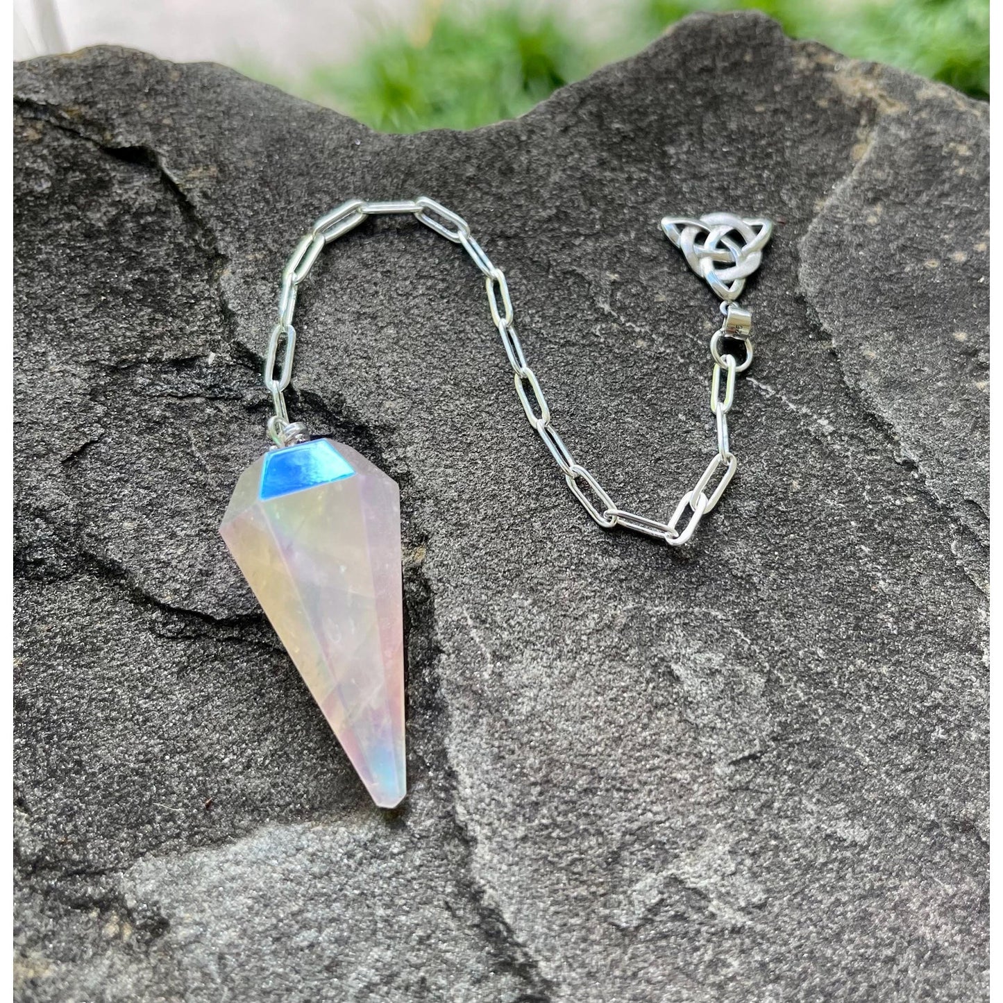 Angel Aura Rose Quartz Pendulum | Sterling Silver Triquetra Handle | Heavy Sterling Silver Chain | Crystal Pendulum | Handmade Gift