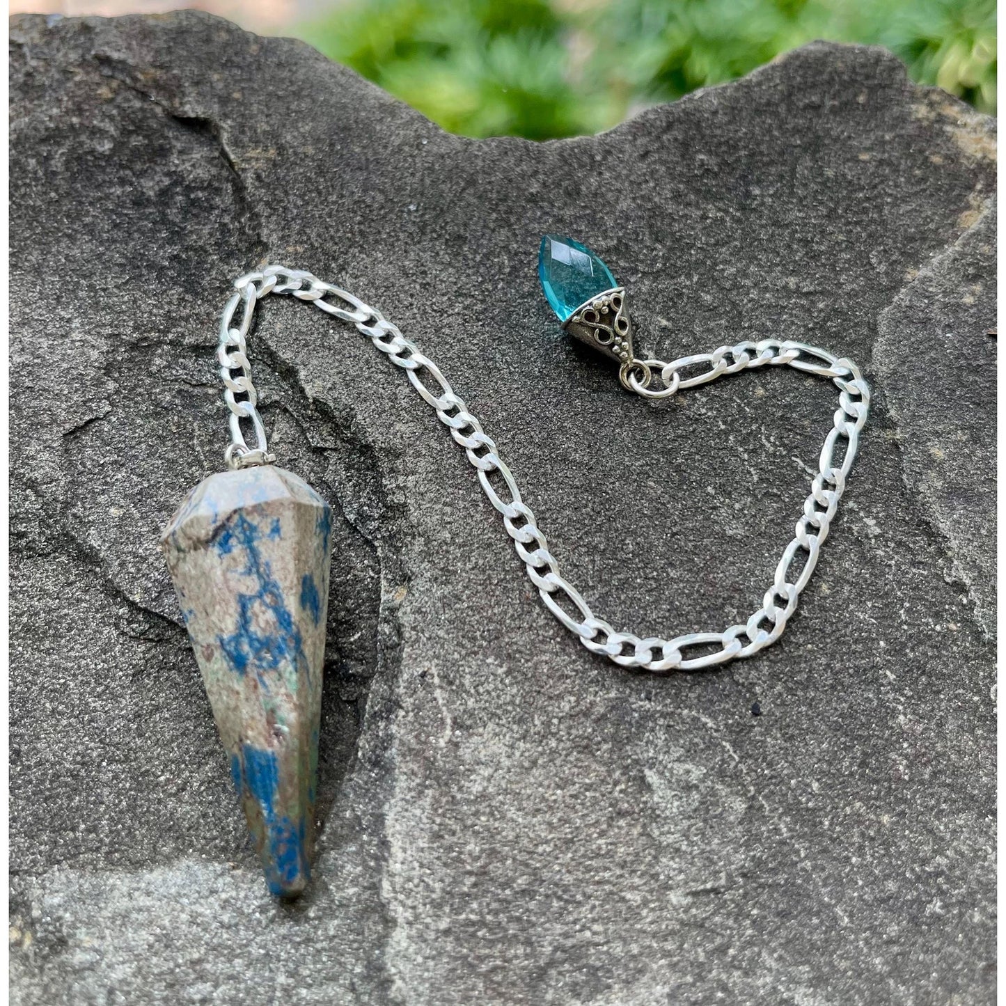Luxury Chrysocolla Pendulum with Blue Topaz Handle | Sterling Silver Chain | Handmade Crystal Pendulum | Divination Tool | One-of-a-Kind