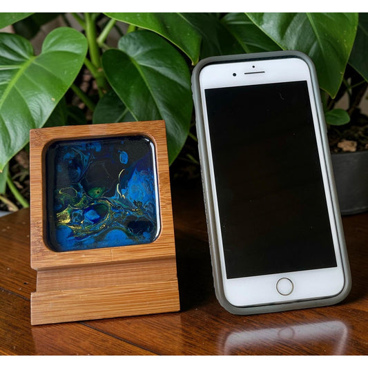 Phone Stand with Tray – Handmade Wood Phone Holder – Resin Art Phone Dock – Desk Phone Organizer – Cell Phone Accessory