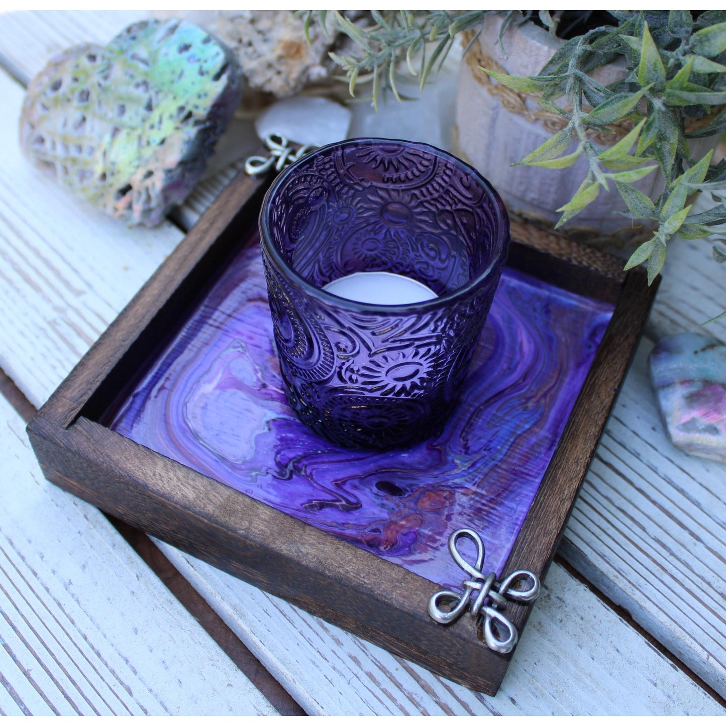 Candle Holder and Candle Celtic Harmony Hand Painted Wood
