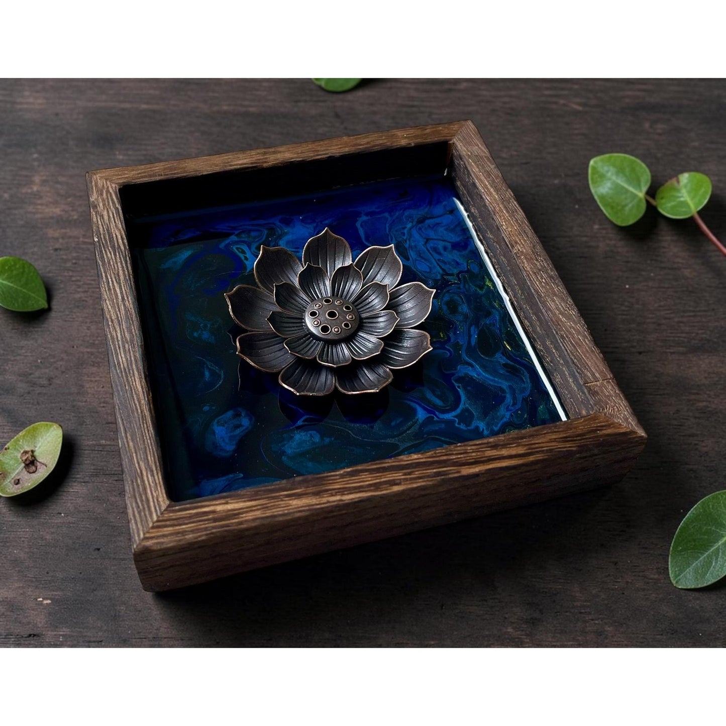 Blue Morpho Abyss Lotus Incense Holder | Handmade Resin Art Decor | Sapphire & Turquoise Lotus Burner | Meditation Altar Decor | 4 Inch