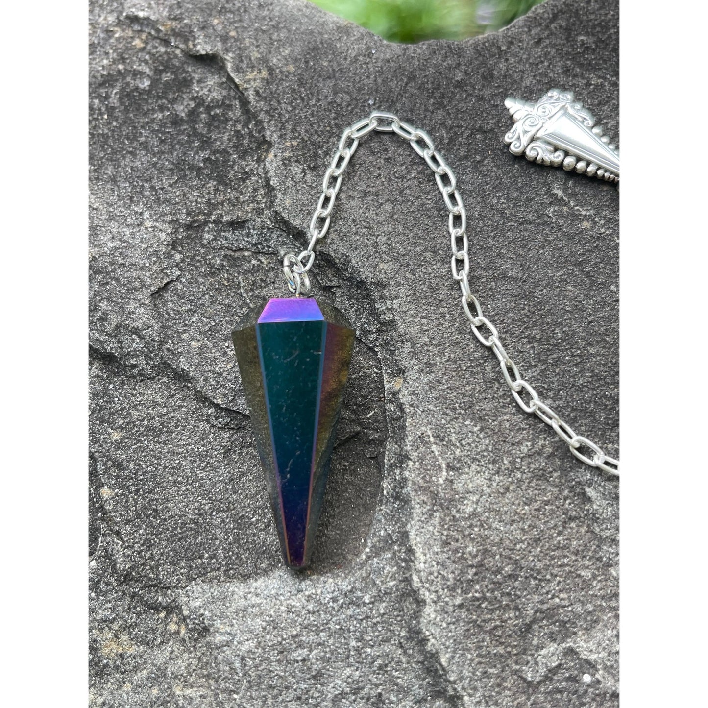 Luxury Titanium Aura Quartz Pendulum with Sterling Silver Handle & Chain | Rainbow Aura Crystal | Handcrafted Divination Tool | One of a Kin
