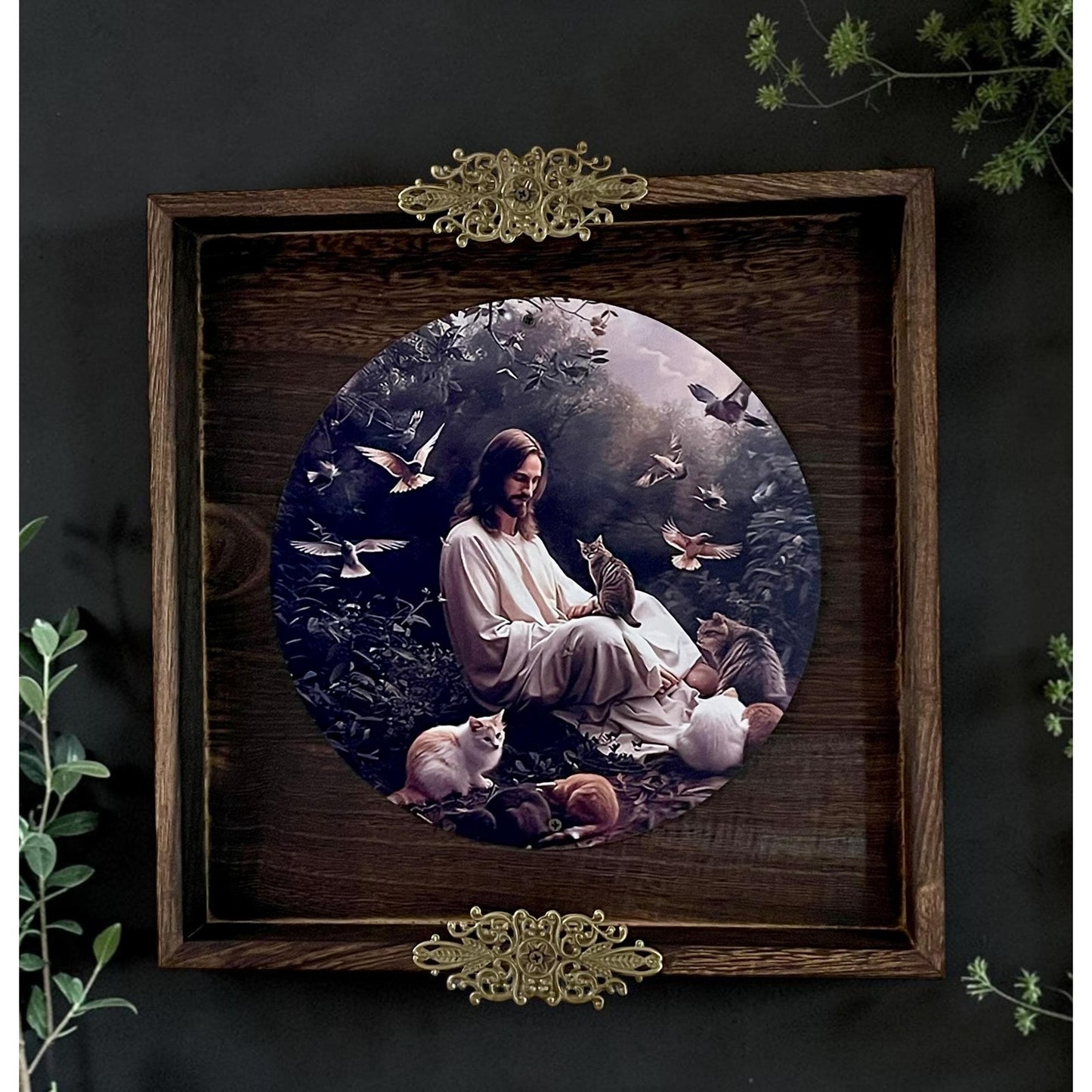 Jesus with Cats and Birds Wall Art | Christian Cat Lover Decor | Rustic Framed Religious Wall Hanging | Ready to Hang | One of a Kind
