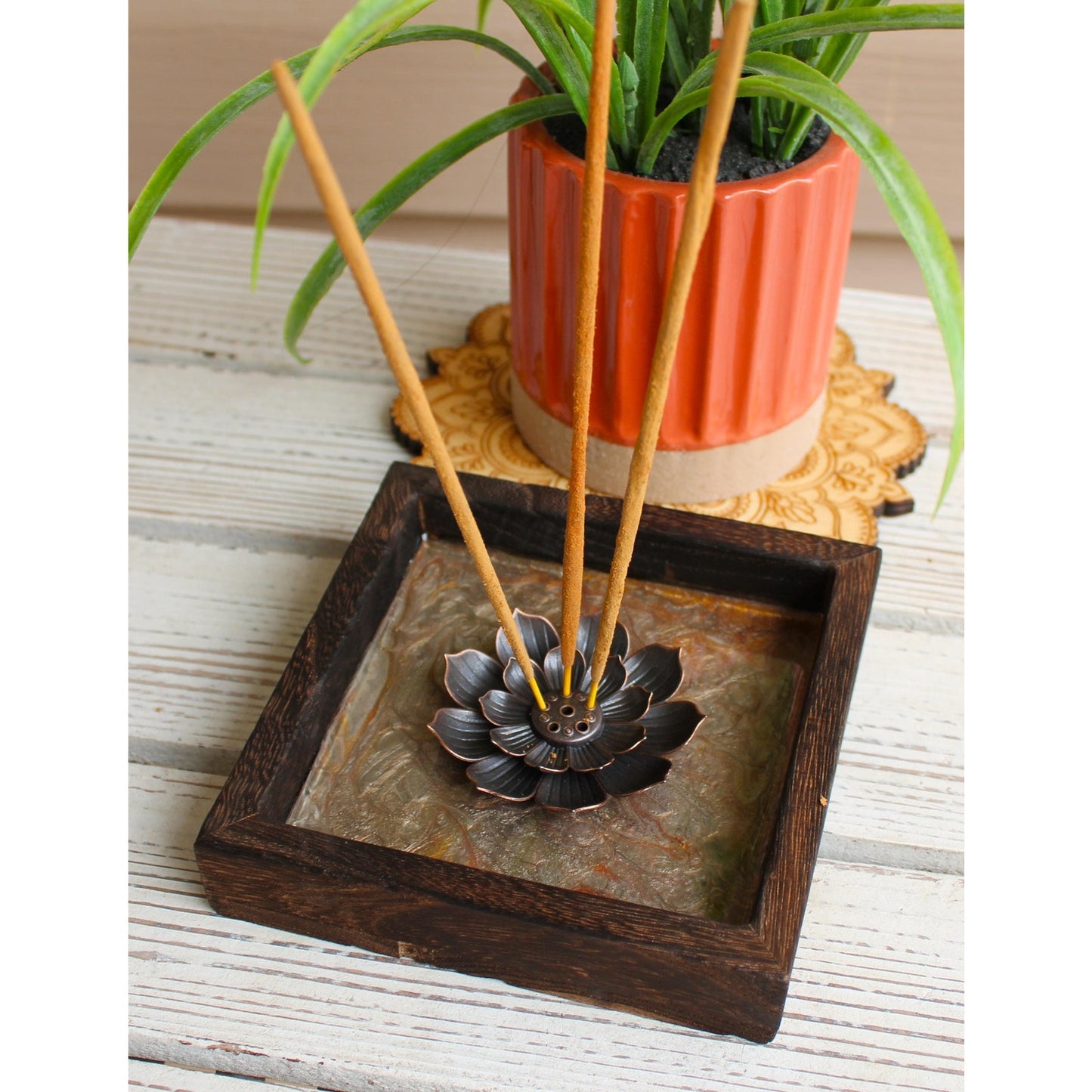 Lotus Incense Holder • Hand Painted Resin Art Tray •