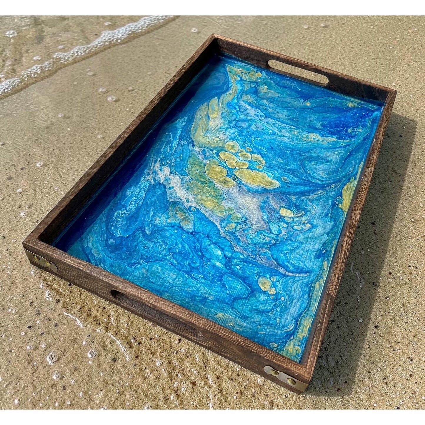 Celestial Tide Resin Art Serving Tray – Handmade Ocean Inspired Wood Tray – Blue & Gold Acrylic Pour Decor – Coastal Coffee Table Tray – 18”