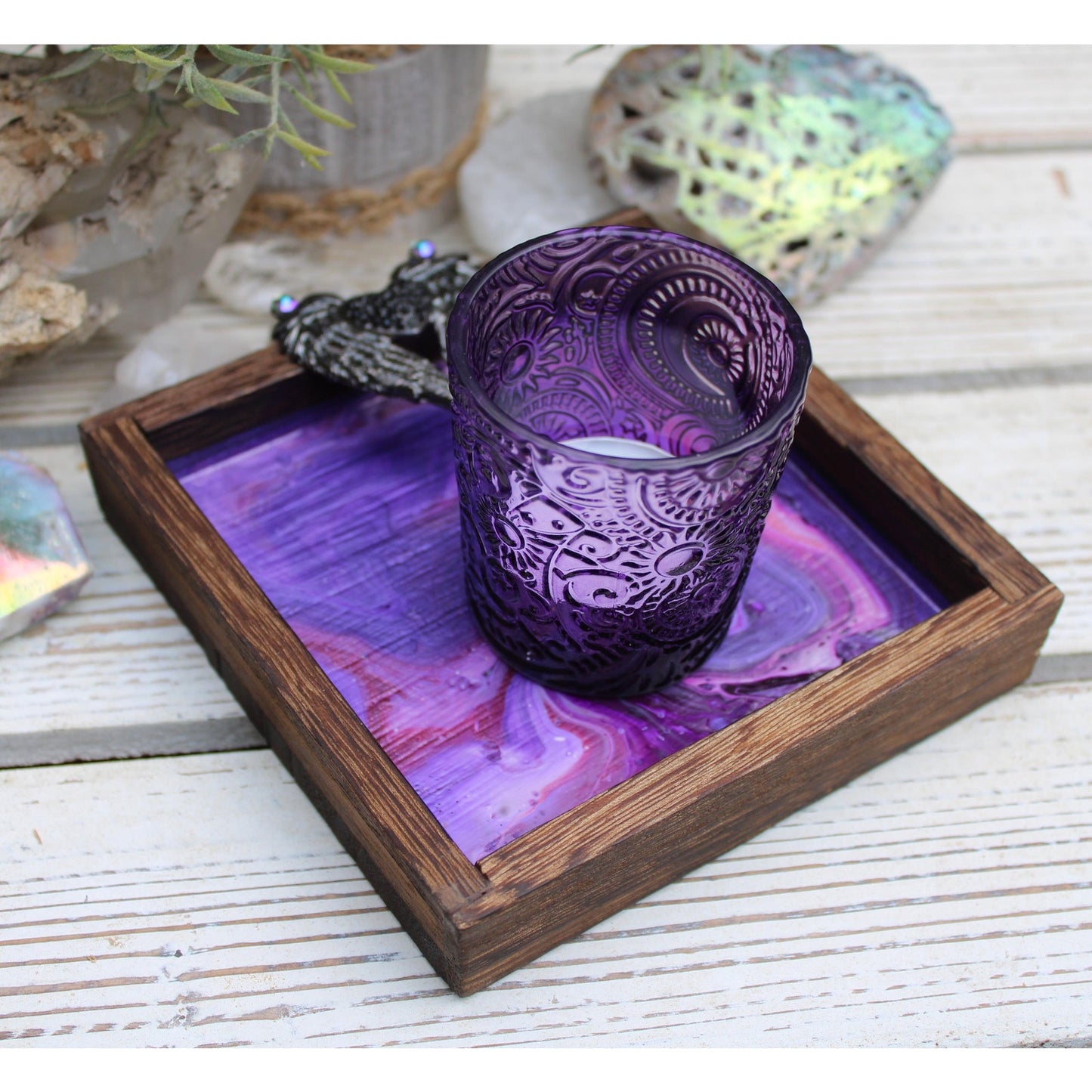 Candle Holder and Candle Angel Wings Hand Painted Wood