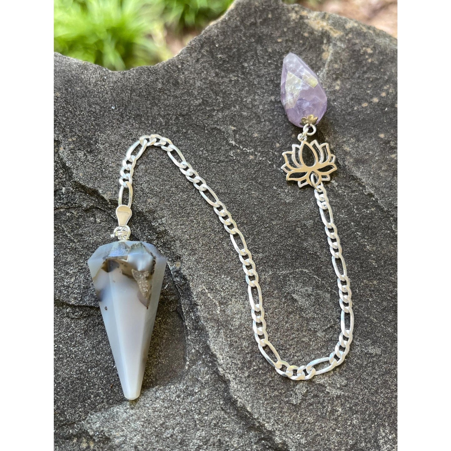 Luxury Dendrite Agate Pendulum | Amethyst Holder | Sterling Silver Lotus | Italian Sterling Silver Plated Chain | Handmade Crystal Pendulum