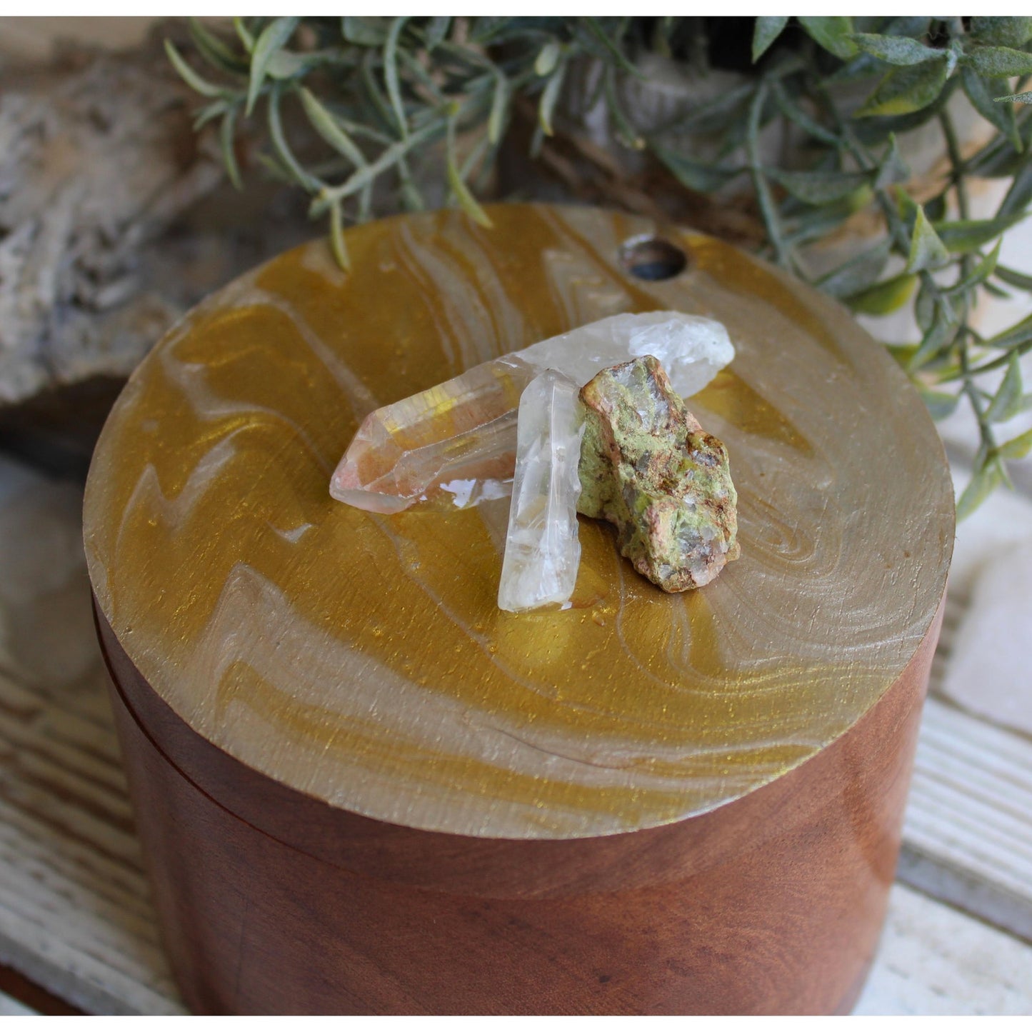 Stash Box, Jewelry Box, Keepsake Box, Hand Painted Box Crystals Unakite, Clear Quartz 4" x 4 x 3"