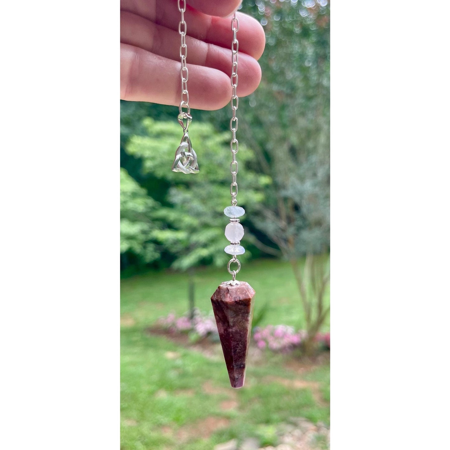 Luxury Cobalt Calcite Pendulum • Sterling Silver Triquetra & Heavy Sterling Silver Chain • Moonstone Crystal Pendulum Handmade Dowsing Tool
