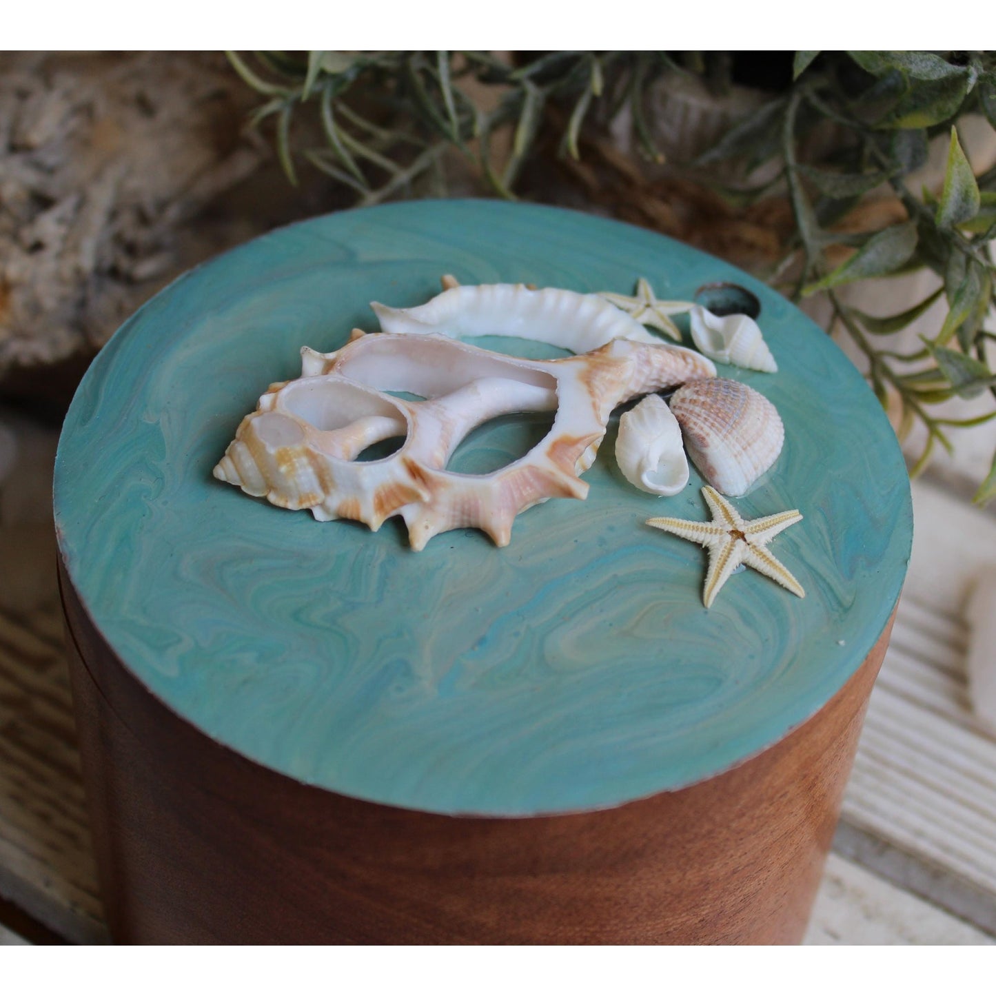Stash Box, Jewelry Box, Keepsake Box, Hand Painted Box Shells Beach 4" x 4 x 3"