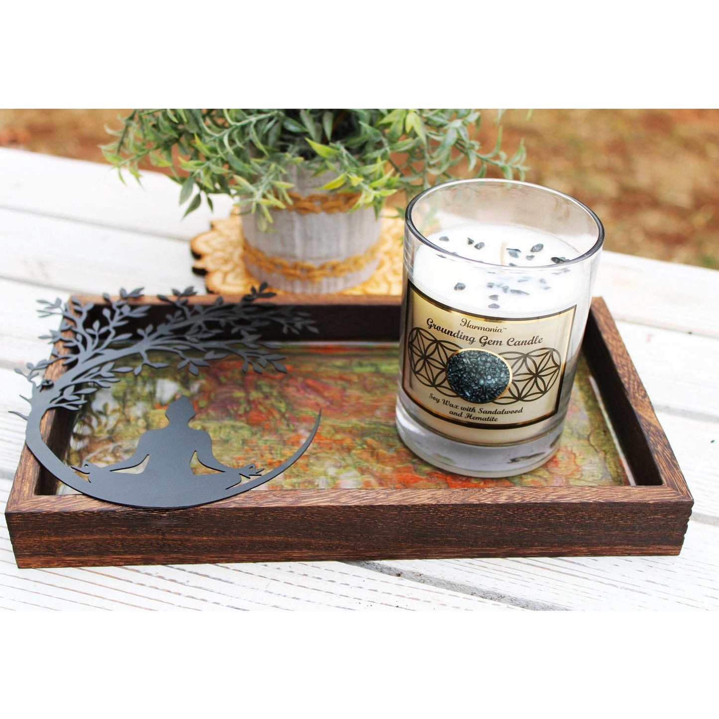 Meditation Altar Set • Resin Wood Tray with Gemstone Soy Candle •
