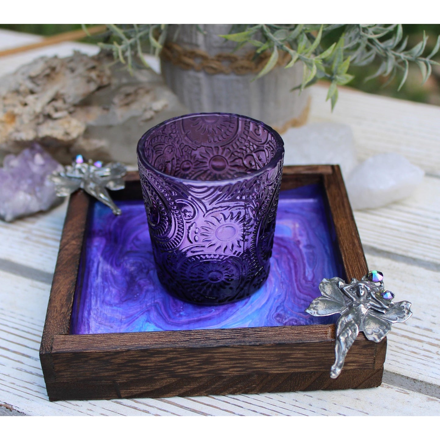 Hand Painted Wood Fairy Candle Holder with Glass Votive