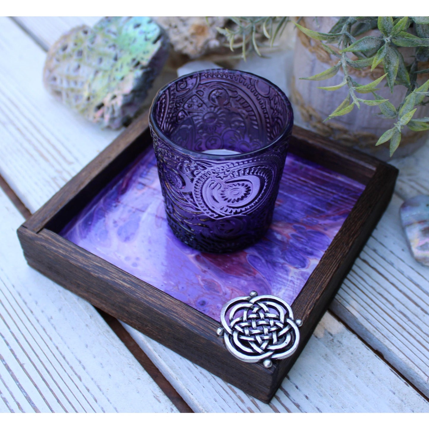 Candle Holder and Candle Celtic Harmony Hand Painted Wood