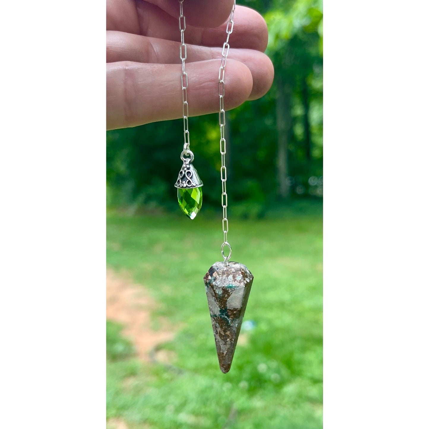Chrysocolla Pendulum with Peridot Handle | Sterling Silver Dowsing Pendulum | Crystal Divination Tool | Handmade Spiritual Gift