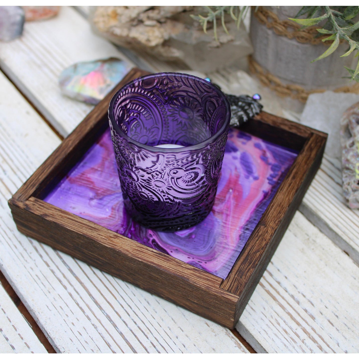 Candle Holder and Candle Angel Wings Hand Painted Wood