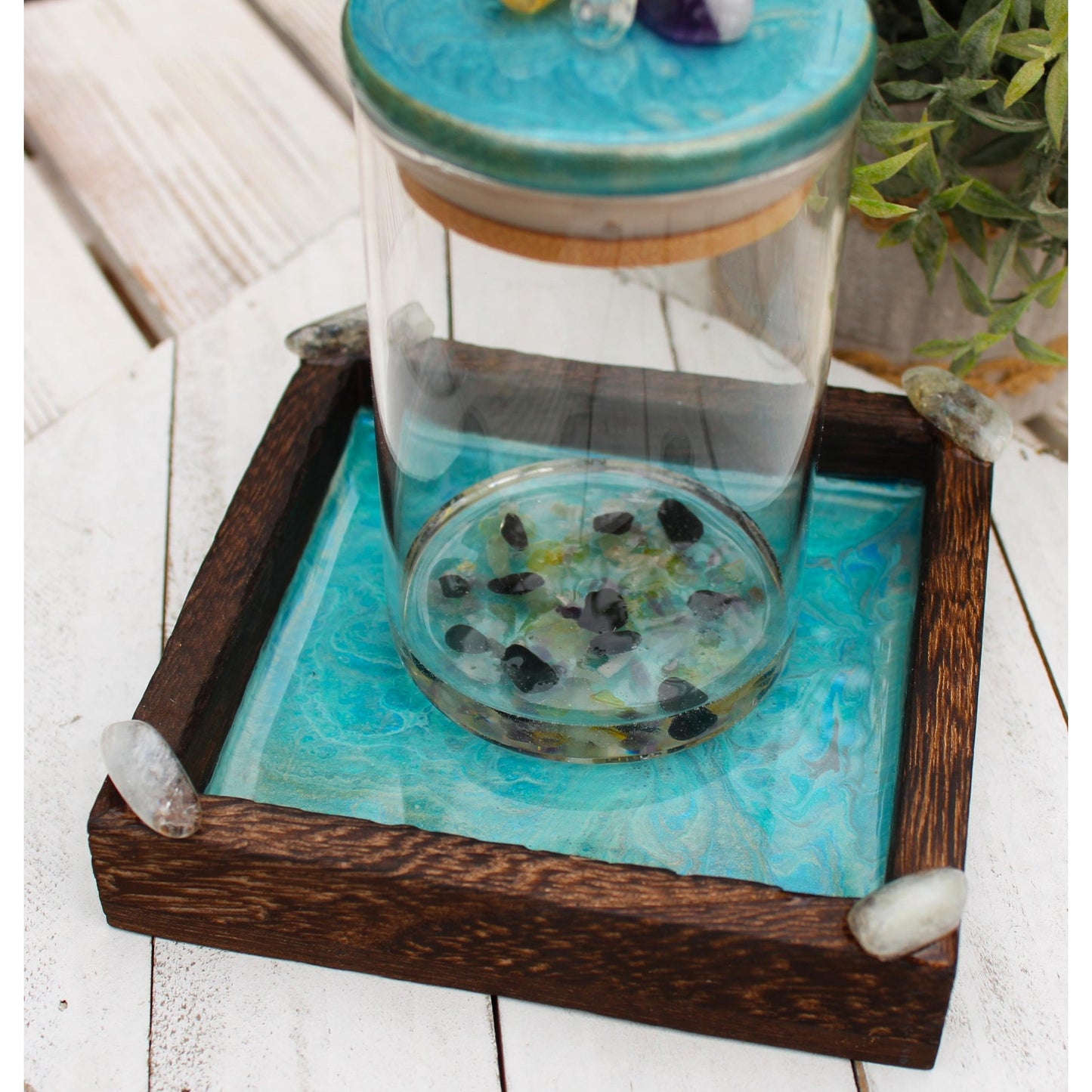 Manifestation Prayer Jar Set with Citrine, Amethyst & Clear Quartz – Hand Painted Tray – Crystal Intention Jar Spiritual Gift Energy Ritual