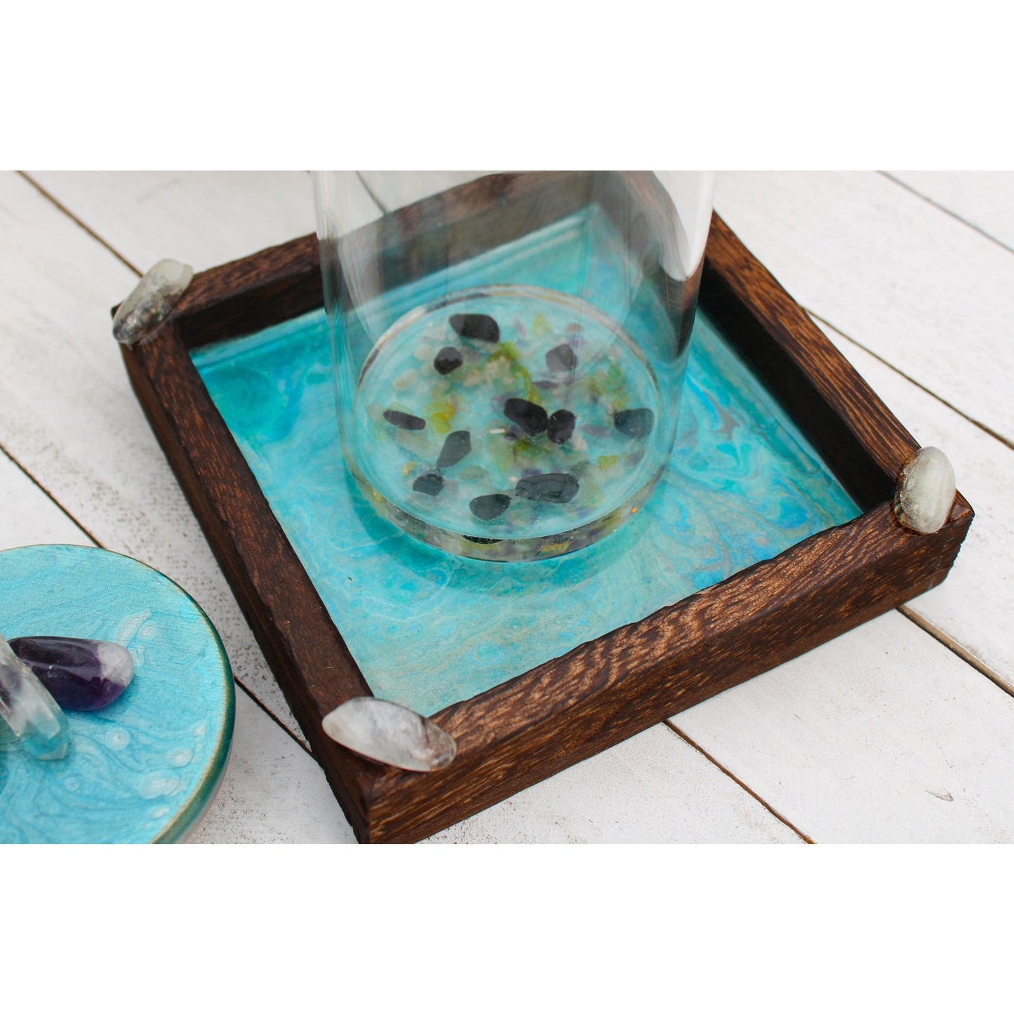 Manifestation Prayer Jar Set with Citrine, Amethyst & Clear Quartz – Hand Painted Tray – Crystal Intention Jar Spiritual Gift Energy Ritual