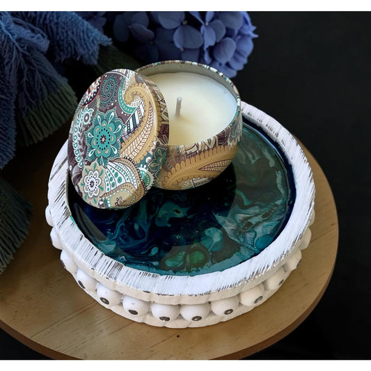 Glacial Vein Collection Mini Resin Tray with Soy Candle | Coastal Farmhouse Decor | Handmade Gift | Artisan Home Accent