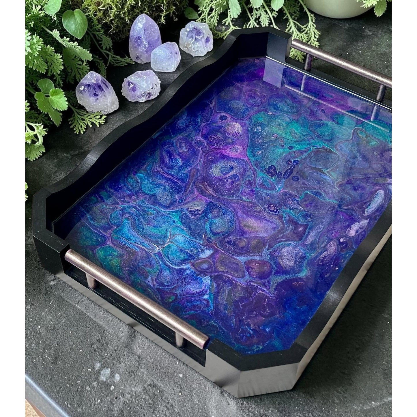 Moonstone Abysse Resin Art Tray | Celestial Decorative Tray | Indigo Teal Fluid Art | Handmade Serving Tray | Luxury Mystic Home Decor