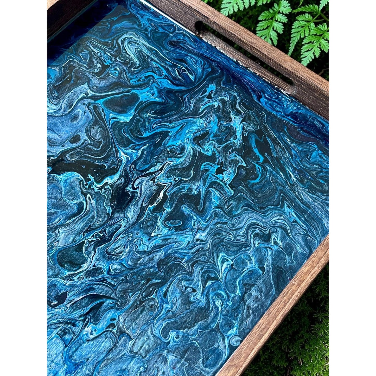 Midnight Tide Lunar Vein Resin Serving Tray | Handmade Ocean Inspired Decor | Moody Blue Resin Art | Luxury Coastal Tray | 18 x 11