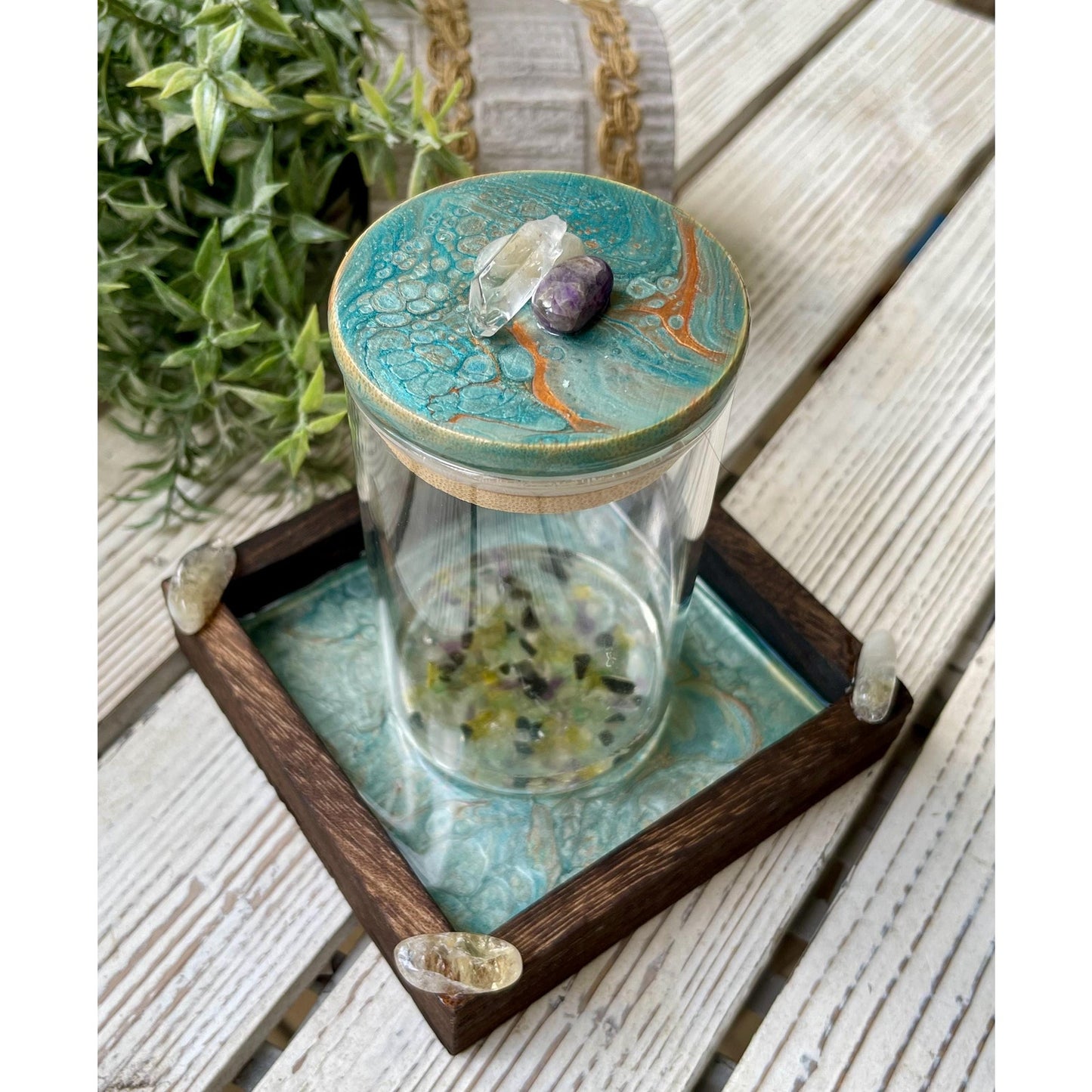 Manifestation Prayer Jar Set with Citrine, Amethyst & Clear Quartz – Hand Painted Tray – Crystal Intention Jar Spiritual Gift Energy Ritual