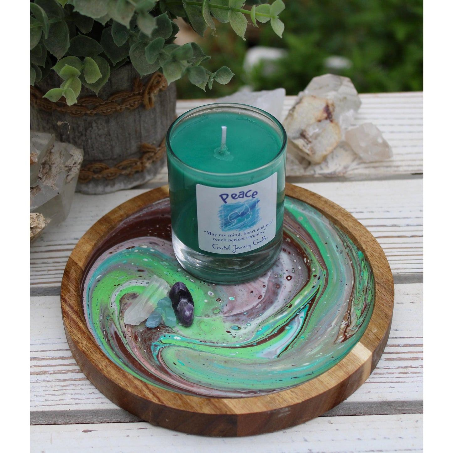 Hand Painted Crystal Candle Holder: Acacia Wood with Amethyst & Aquamarine