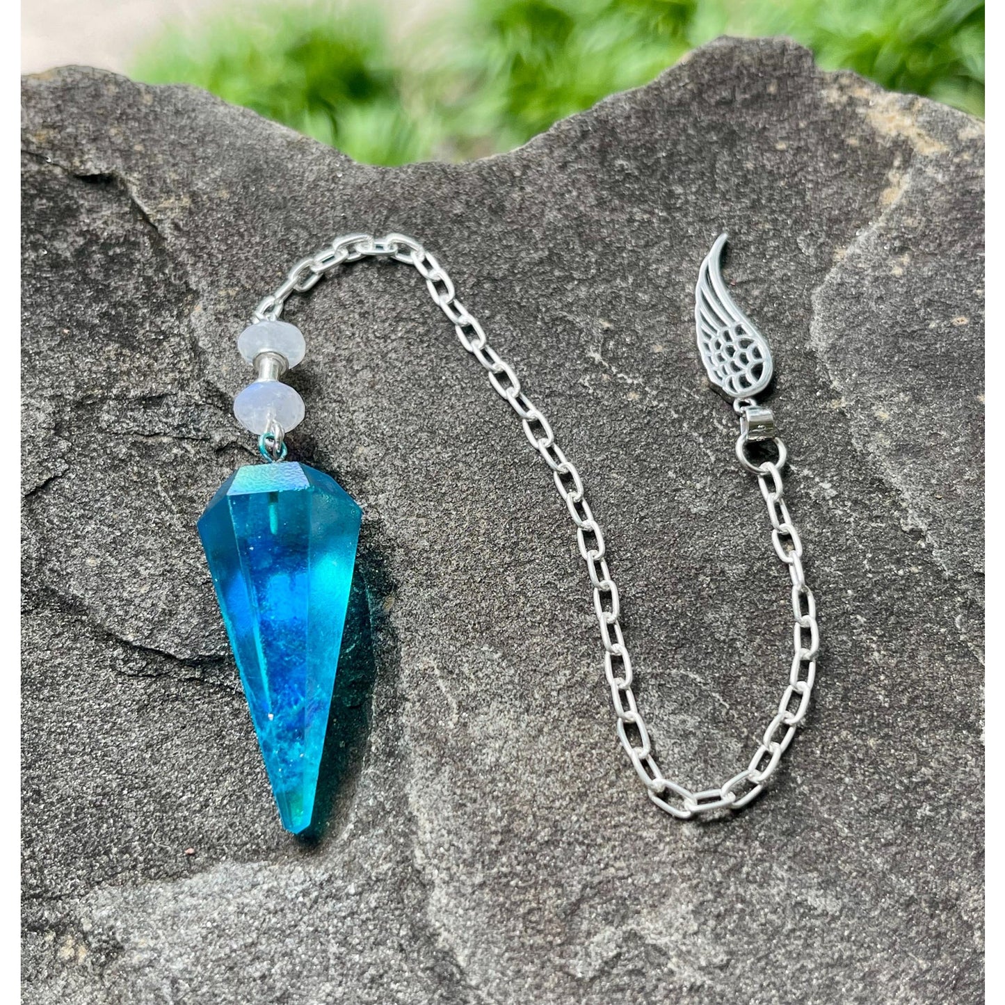 Luxury Blue Aqua Aura Quartz Pendulum with Sterling Silver Angel Wing | Heavy Precious Metal Sterling Silver Chain | Handmade Pendulum