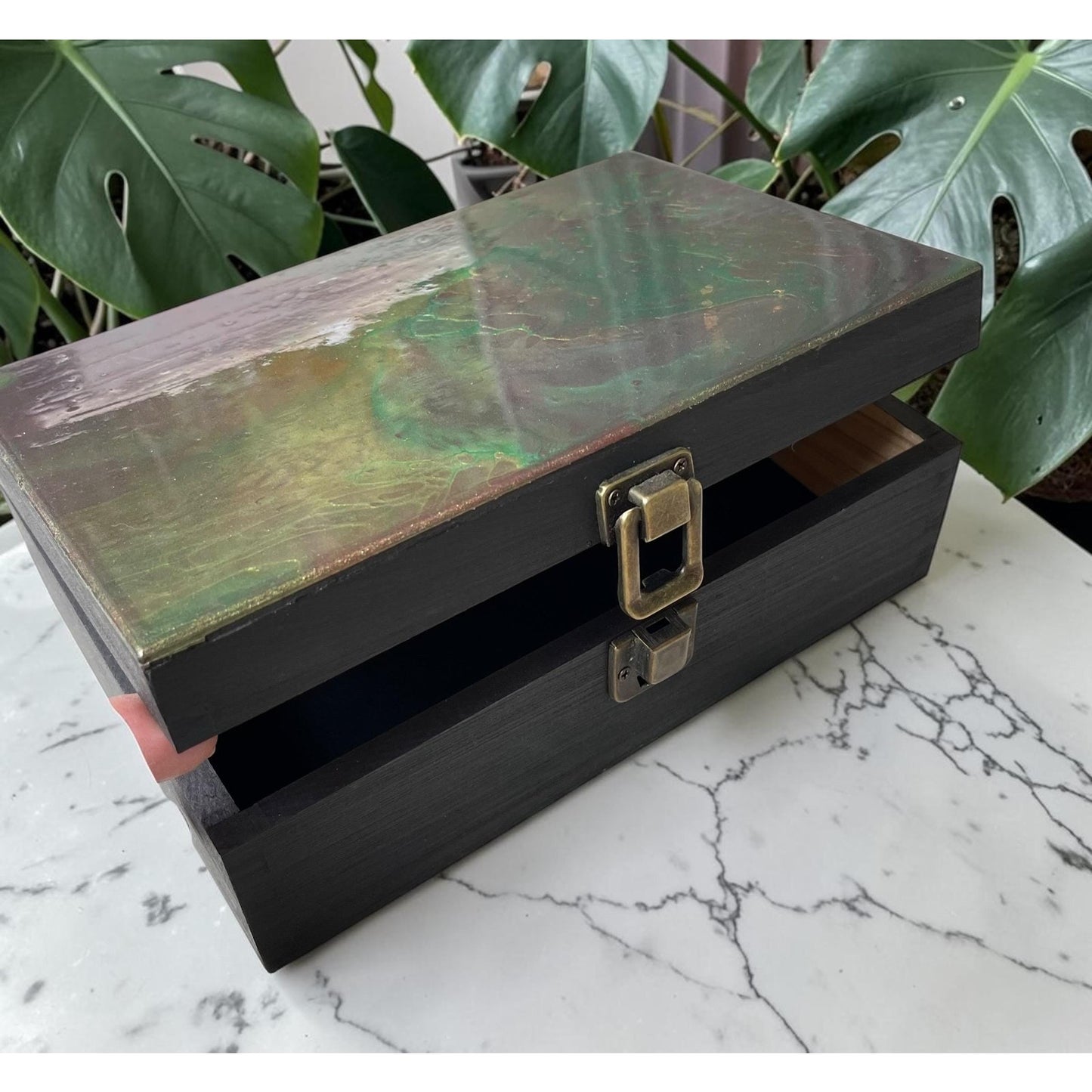 Hand Painted Wooden Stash Box | Abstract Fluid Art Keepsake Box | Crystal & Jewelry Storage | Moody Boho