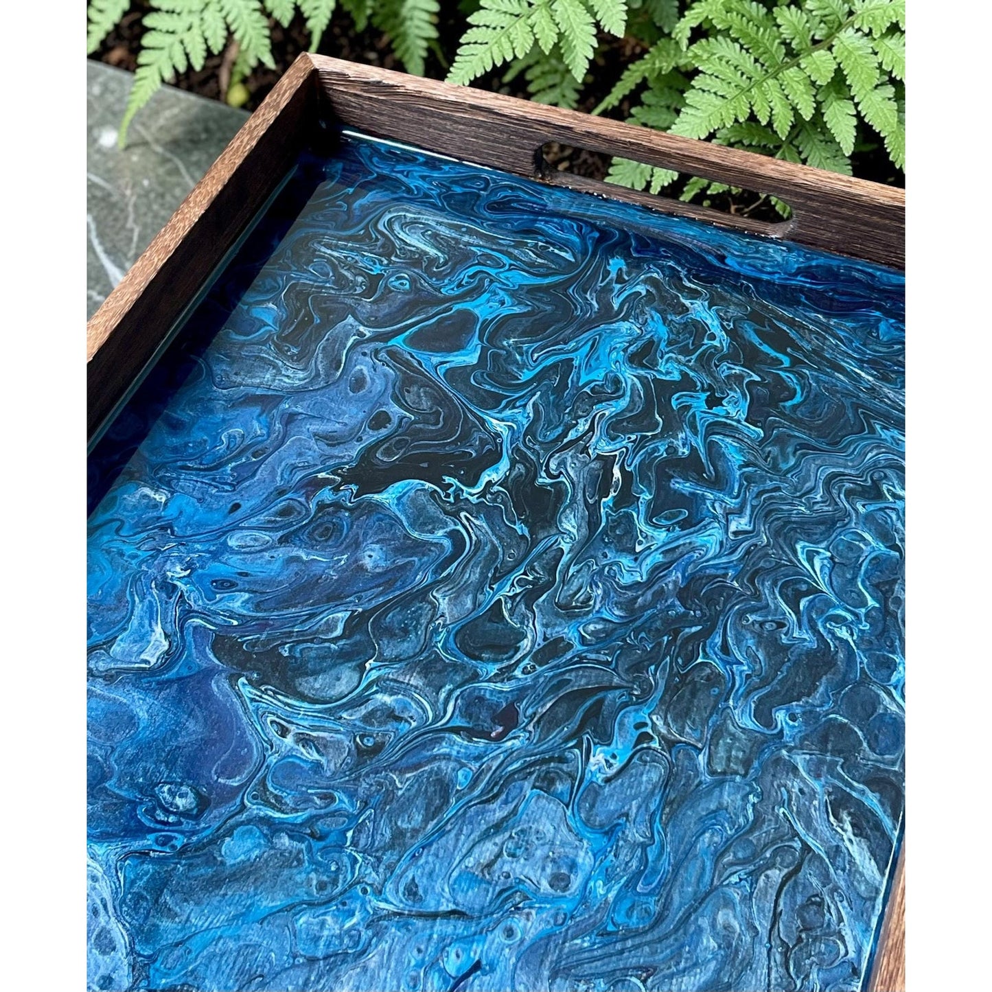 Midnight Tide Lunar Vein Resin Serving Tray | Handmade Ocean Inspired Decor | Moody Blue Resin Art | Luxury Coastal Tray | 18 x 11