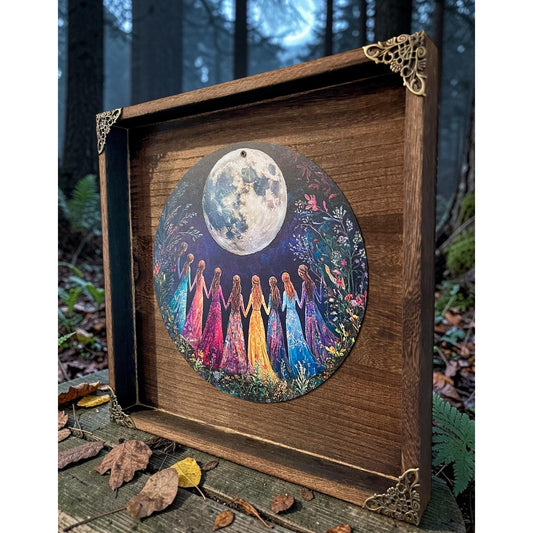 Moonlit Sisterhood Wall Art | Rustic Woodland Moon Decor | Cottagecore Wall Hanging | Feminine Spiritual Art | Handmade Framed Artwork